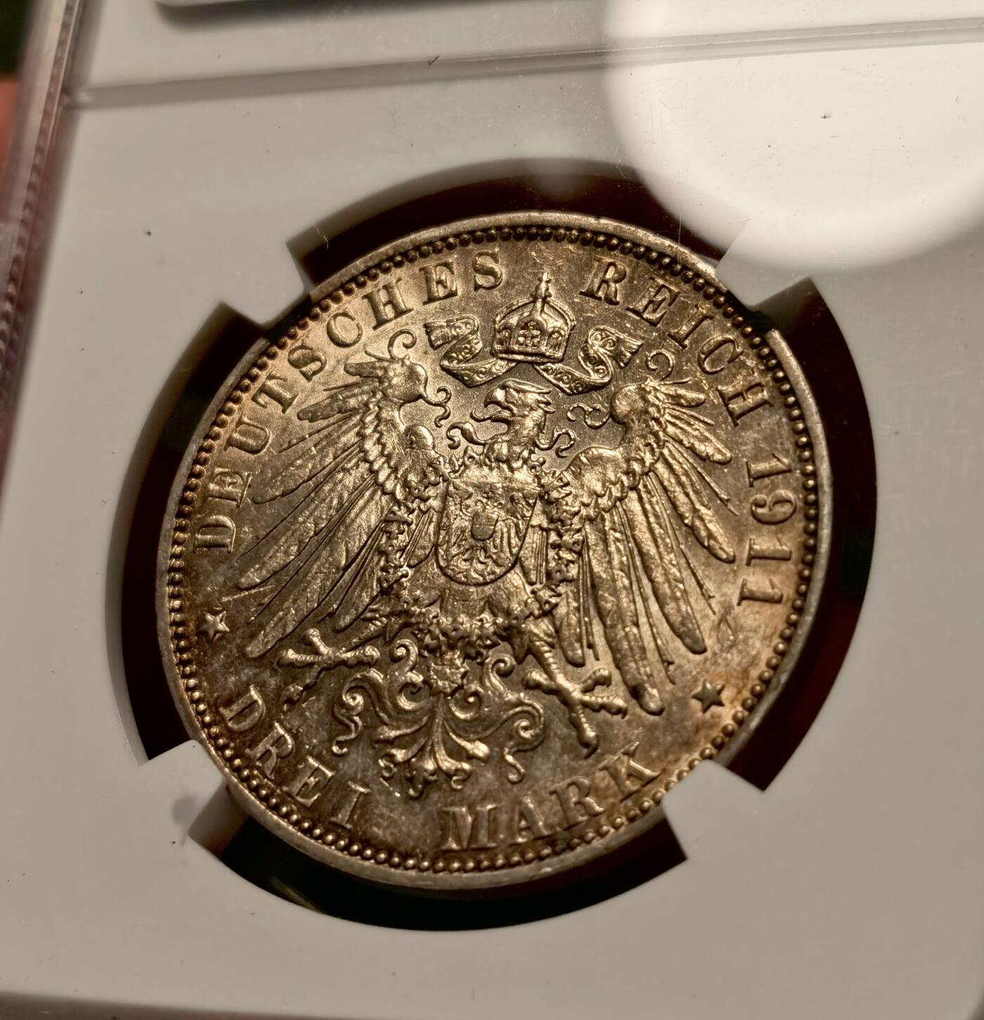 甄臻铺-世界币章拍卖（第38期）立冬小精品场，送拍享返佣金等优惠多多 NGC-AU58 德国汉堡自由市1911年3马克银币，原汁原味黄油彩老包浆，包浆醇厚，状态极佳，状态和品质绝对不输MS级。