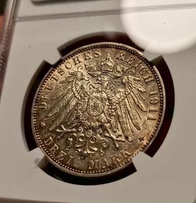 甄臻铺-世界币章拍卖（第38期）立冬小精品场，送拍享返佣金等优惠多多 NGC-AU58 德国汉堡自由市1911年3马克银币，原汁原味黄油彩老包浆，包浆醇厚，状态极佳，状态和品质绝对不输MS级。