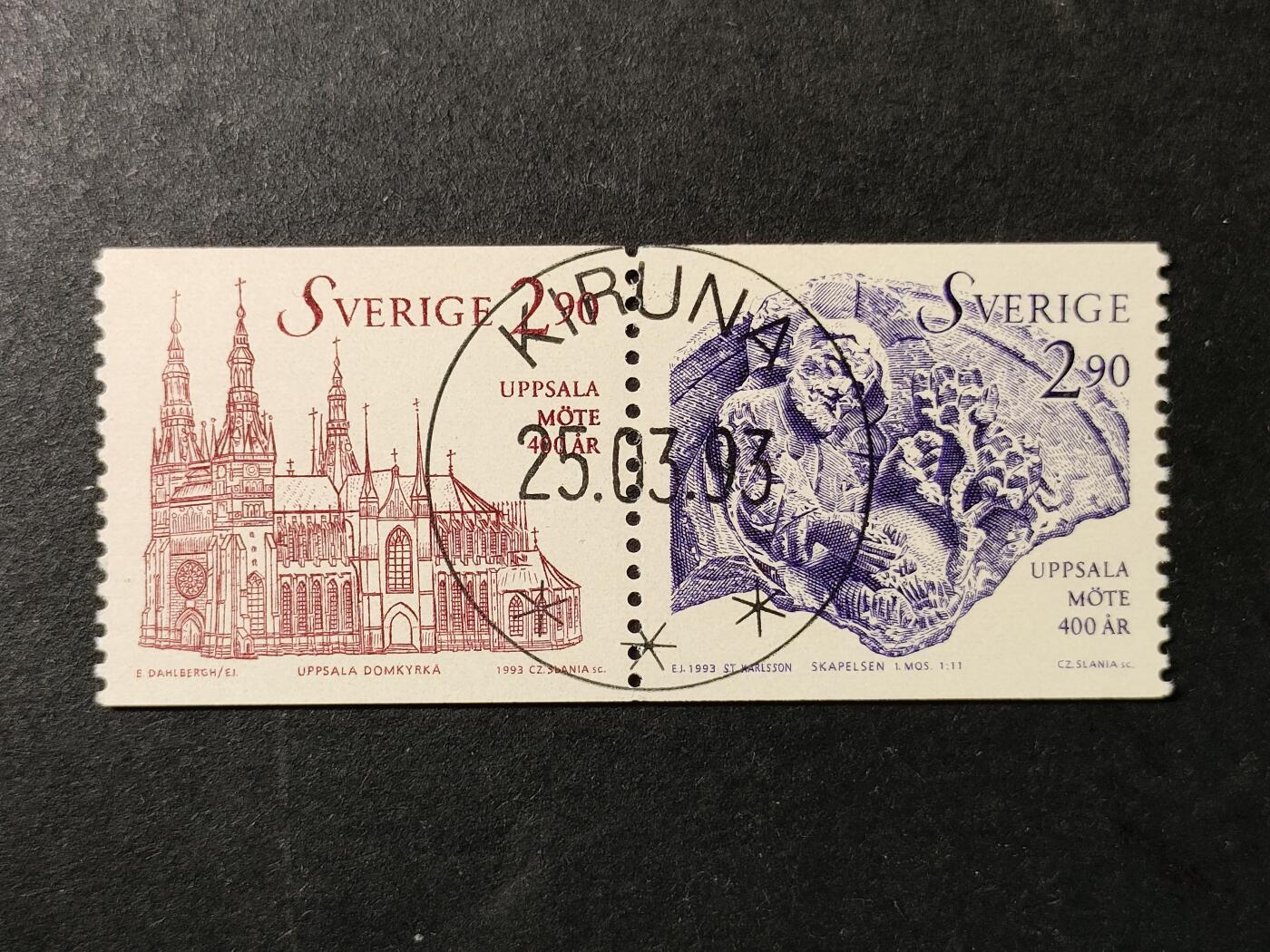 嘉禾收藏    【第372期】            无佣金、可寄存、满30元包邮 瑞典邮票，1993年乌普萨拉宗教会议400周年·《创世记》浮雕板和乌普萨拉大教堂 斯拉尼亚雕刻连票2全