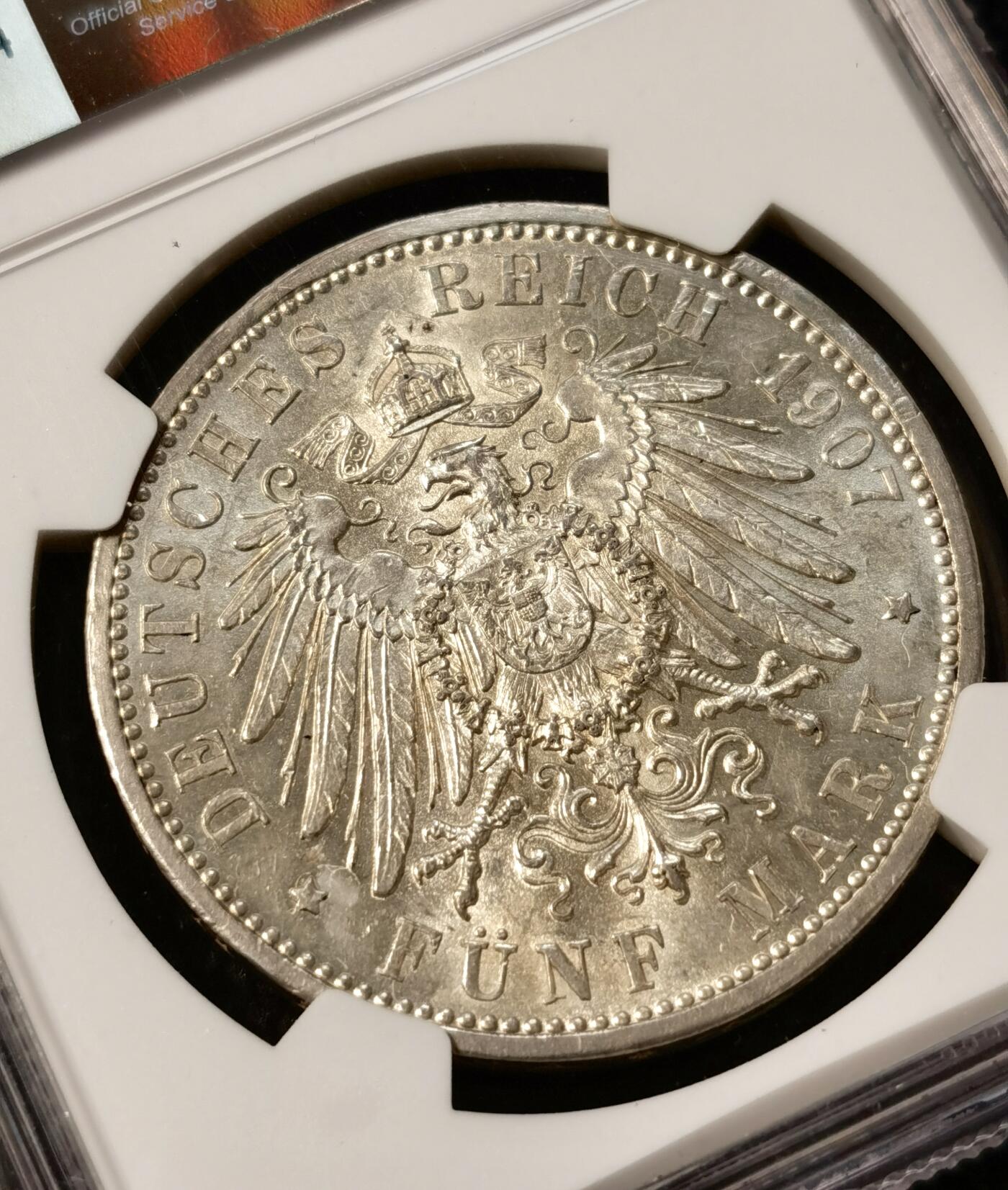 甄臻铺-世界币章拍卖（第38期）立冬小精品场，送拍享返佣金等优惠多多 NGC-MS62 德国巴登 1907年 佛里德里希逝世纪念 5马克银币 高点清晰 背板光不错