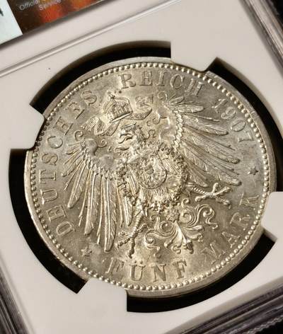 甄臻铺-世界币章拍卖（第38期）立冬小精品场，送拍享返佣金等优惠多多 NGC-MS62 德国巴登 1907年 佛里德里希逝世纪念 5马克银币 