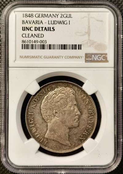 甄臻铺-世界币章拍卖（第38期）立冬小精品场，送拍享返佣金等优惠多多 - NGC-UNCD 1848年德国巴伐利亚路德维希一世流通2盾 1848年欧洲大革命中路一被迫退位 这最后末年流通泰勒见证着风流艺术国王最后的容光