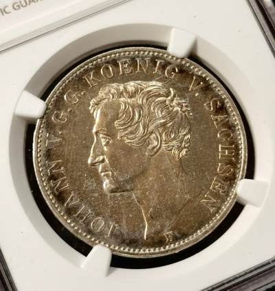 甄臻铺-世界币章拍卖（第38期）立冬小精品场，送拍享返佣金等优惠多多 NGC-UNCD 1855年德国萨克森约翰国王访问造币厂纪念泰勒 少见品种 pl质感 金彩包浆