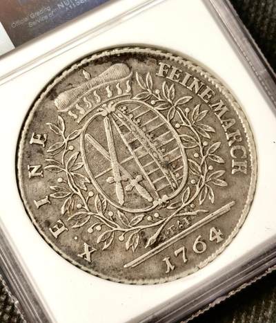 甄臻铺-世界币章拍卖（第38期）立冬小精品场，送拍享返佣金等优惠多多 NGC-VFD 1764年德国萨克森，奥古斯特三世，年轻头像皇冠大泰勒，少见好玩的品种