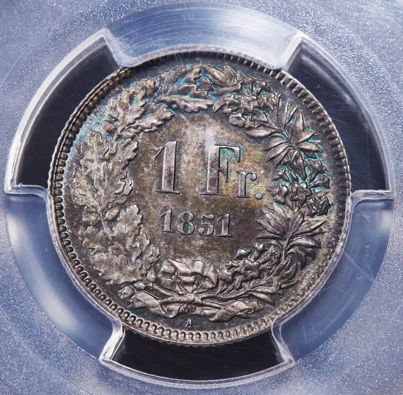 【俄甄集藏】2025年(044)11-12星期三晚 19:30 全场包邮 瑞士1851年女神A版1法郎银币，PCGS MS65，季军，五彩酱彩老包浆，原光品相，顶级状态，名誉品种