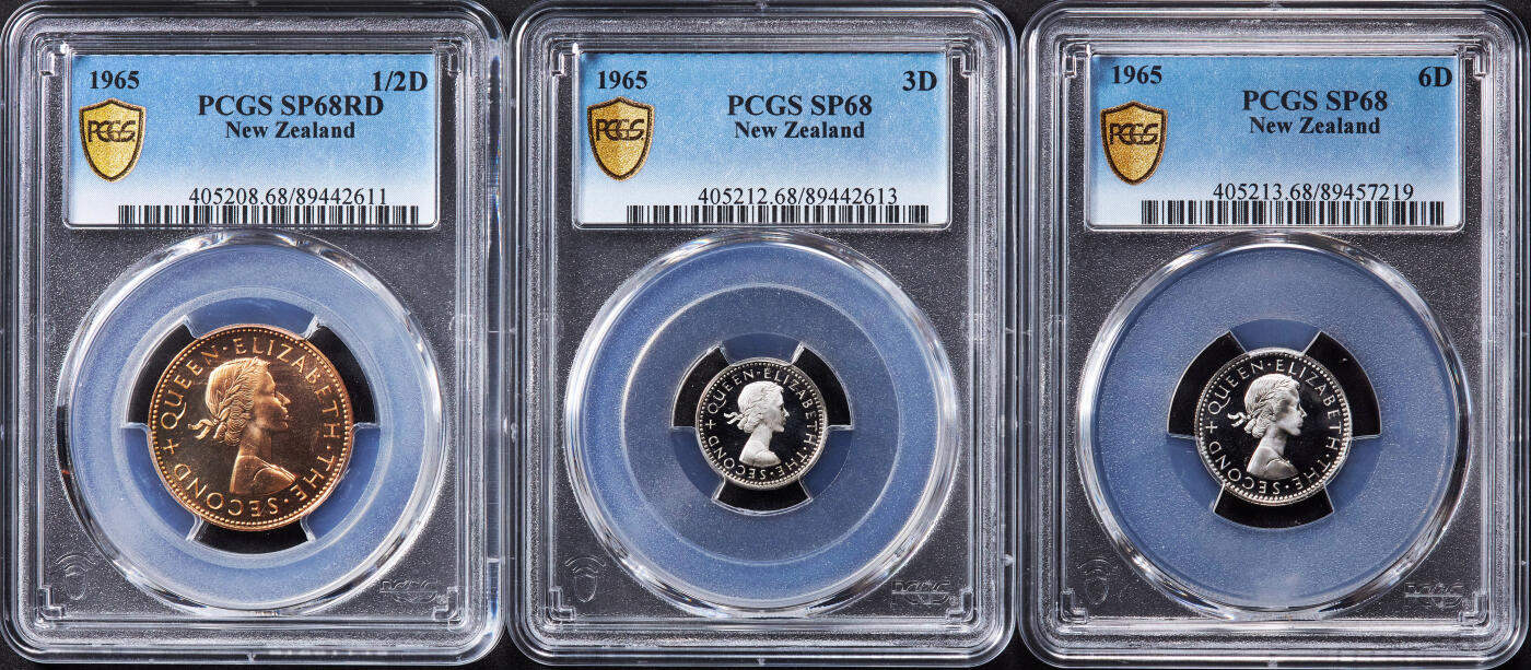 【俄甄集藏】2025年(044)11-12星期三晚 19:30 全场包邮 新西兰1965年伊丽莎白二世类精制硬币1/2便士-1/2克朗5枚一组，PCGS SP67-SP68，发行量25000套，热门品种