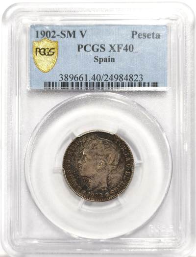 博洋堂世界钱币拍卖第146期（全场包邮） - PCGS XF40 西班牙1902年阿方索十三世1比塞塔银币，盒子正反面卡槽有几处磕损