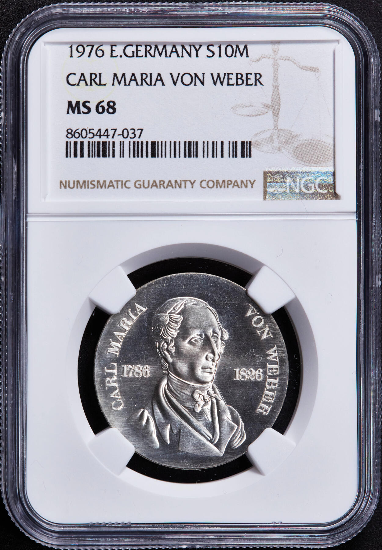 【俄甄集藏】2025年(044)11-12星期三晚 19:30 全场包邮 民主德国（东德）1976年纪念作曲家卡尔·马利亚·冯·韦伯逝世150周年10马克银币，NGC MS68，亚军，顶级状态，重17克，50%银，发行量94000枚，少见品种