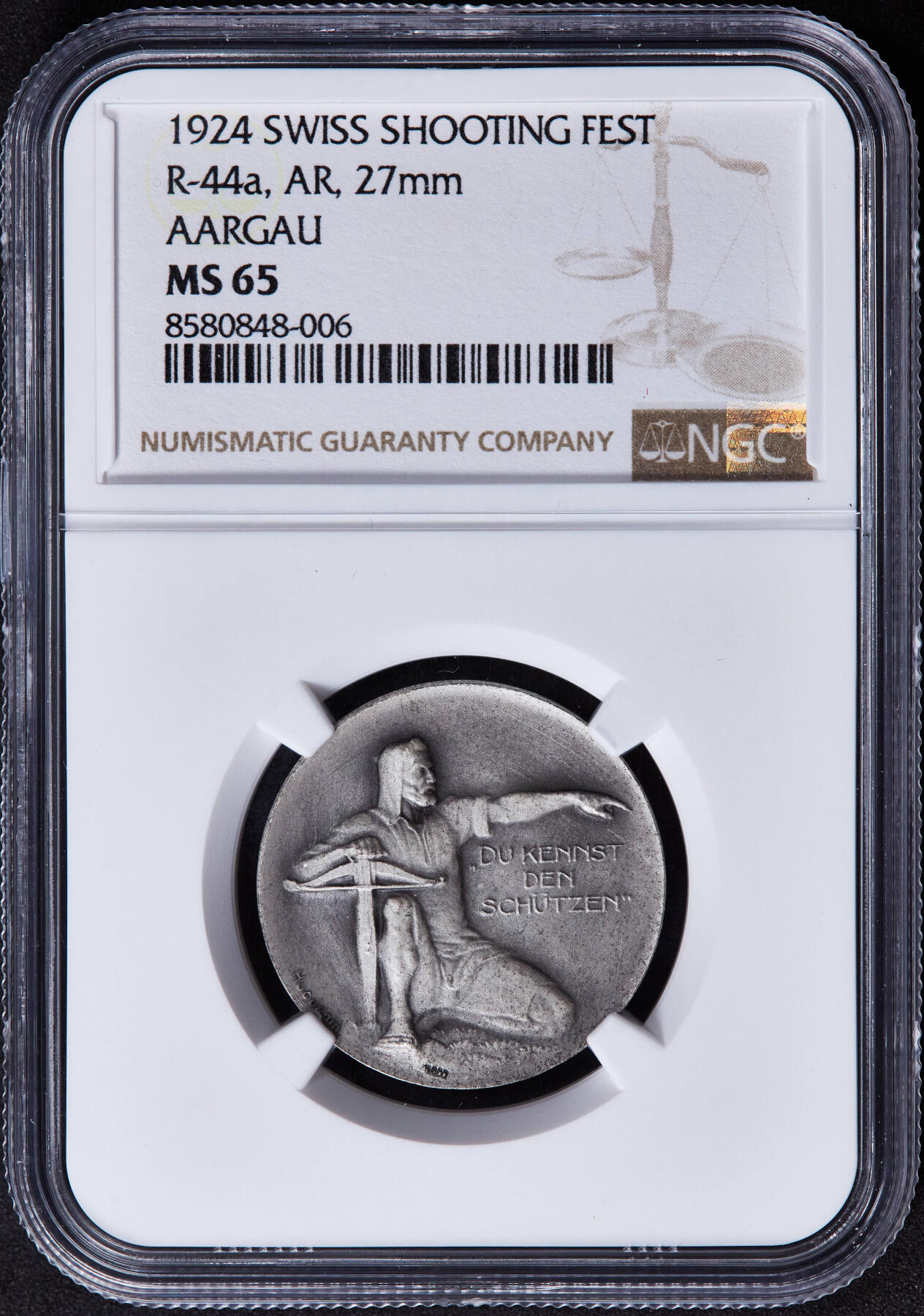 【俄甄集藏】2025年(044)11-12星期三晚 19:30 全场包邮 瑞士1924年威廉·退尔像纪念阿尔高射击节银章，NGC MS65，原味包浆，磨砂底板，顶级状态