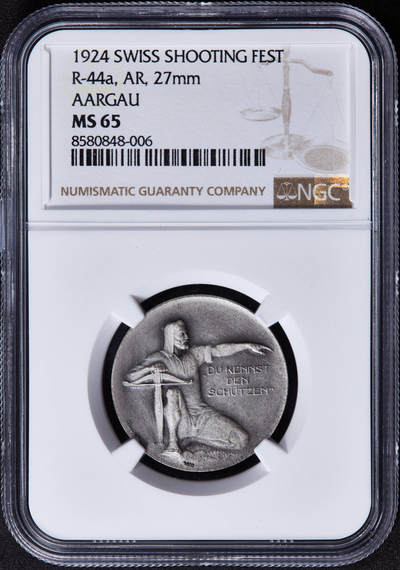 【俄甄集藏】2025年(044)11-12星期三晚 19:30 全场包邮 - 瑞士1924年威廉·退尔像纪念阿尔高射击节银章，NGC MS65，原味包浆，磨砂底板，顶级状态