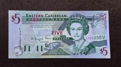 北京马甸外国币专卖第146期，外国纸币币专场，陆续上拍，欢迎关注 - 全新 东加勒比圣文森特(V)纸币 5 Dollars