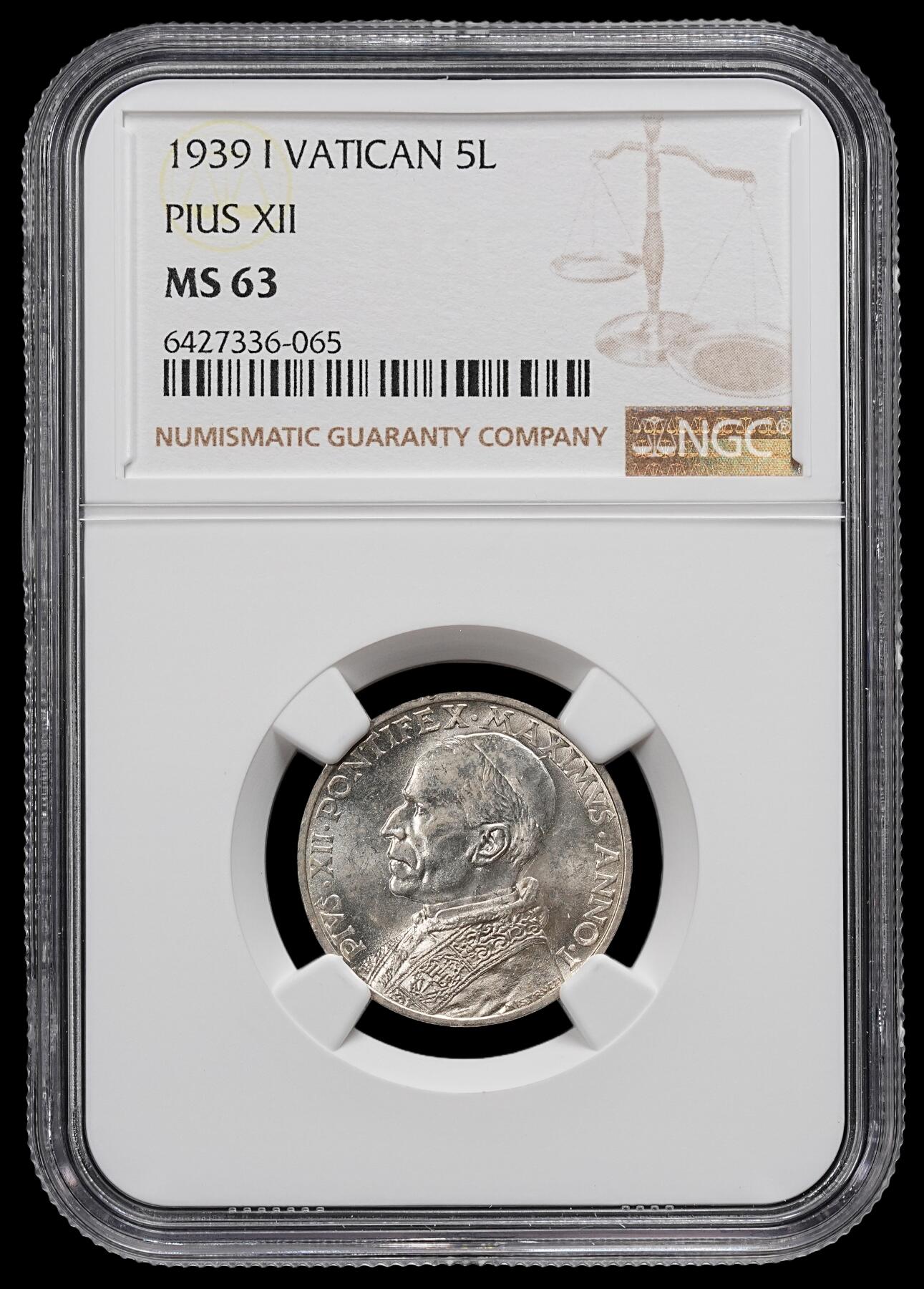 修遠堂世界钱币第九十二期 NGC MS63 1939年梵蒂冈5里拉银币