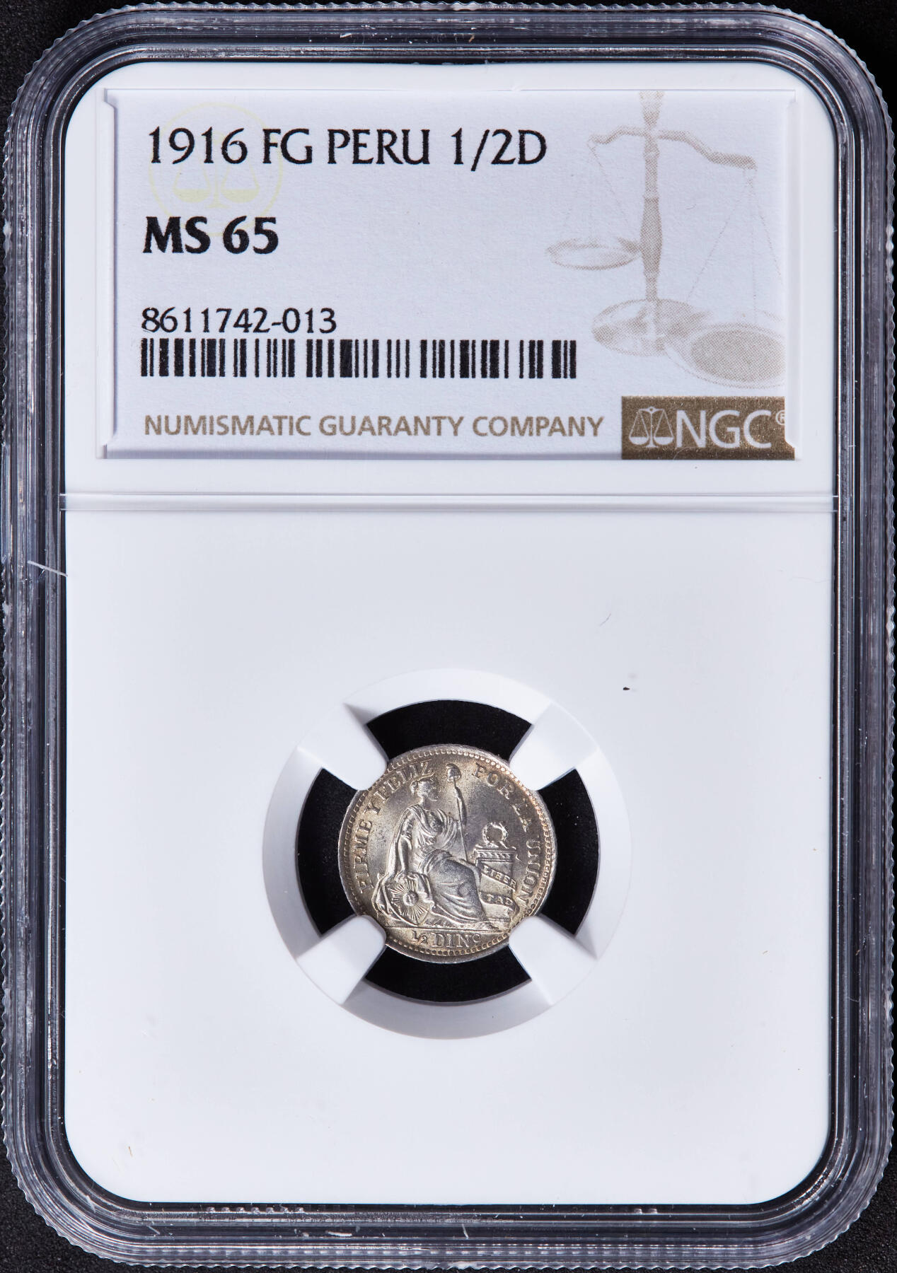 【俄甄集藏】2025年(044)11-12星期三晚 19:30 全场包邮 秘鲁1916年FG版女神1/2迪内罗银币，NGC MS65，黄油彩，转光品相，顶级状态