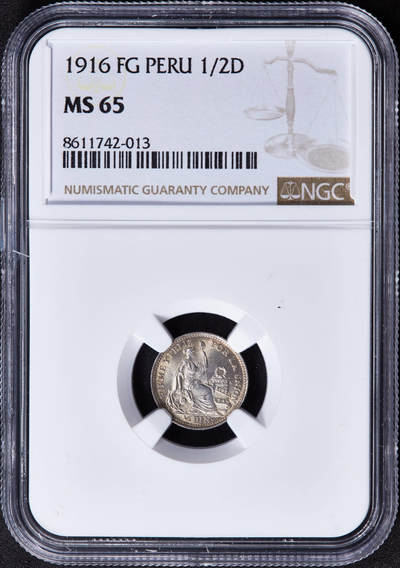 【俄甄集藏】2025年(044)11-12星期三晚 19:30 全场包邮 - 秘鲁1916年FG版女神1/2迪内罗银币，NGC MS65，黄油彩，转光品相，顶级状态