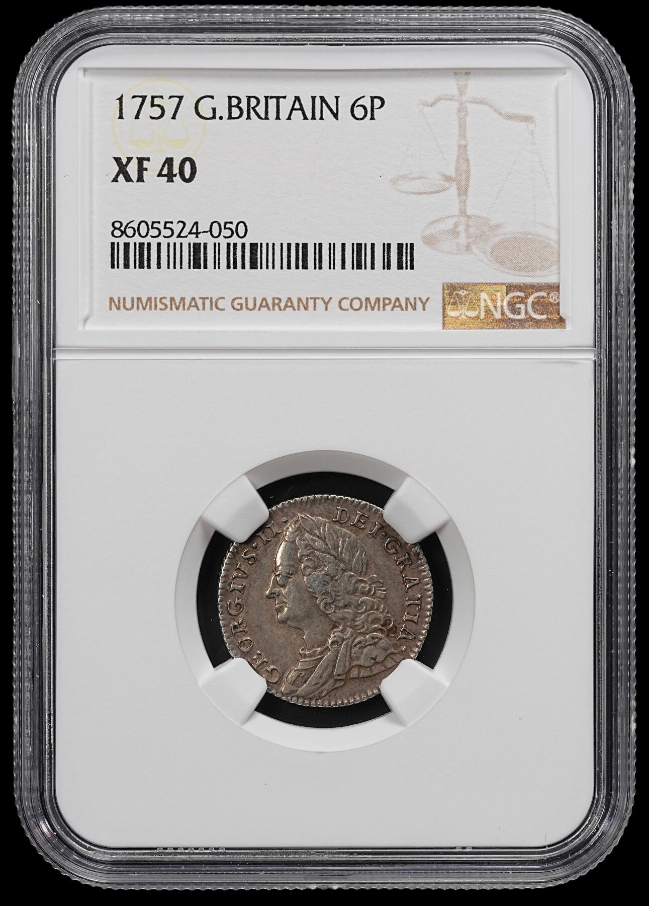 修遠堂世界钱币第九十二期 NGC XF40 1757年英国6便士银币