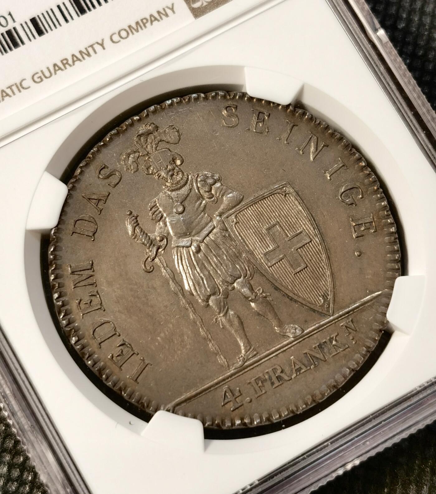 甄臻铺-世界币章拍卖（第38期）立冬小精品场，送拍享返佣金等优惠多多 NGC-UNCD 瑞士1816年阿彭策尔州雇佣兵银币，面值4法郎，发行量仅1850枚，属于瑞士雇佣兵银币系列中的稀缺品种梯队