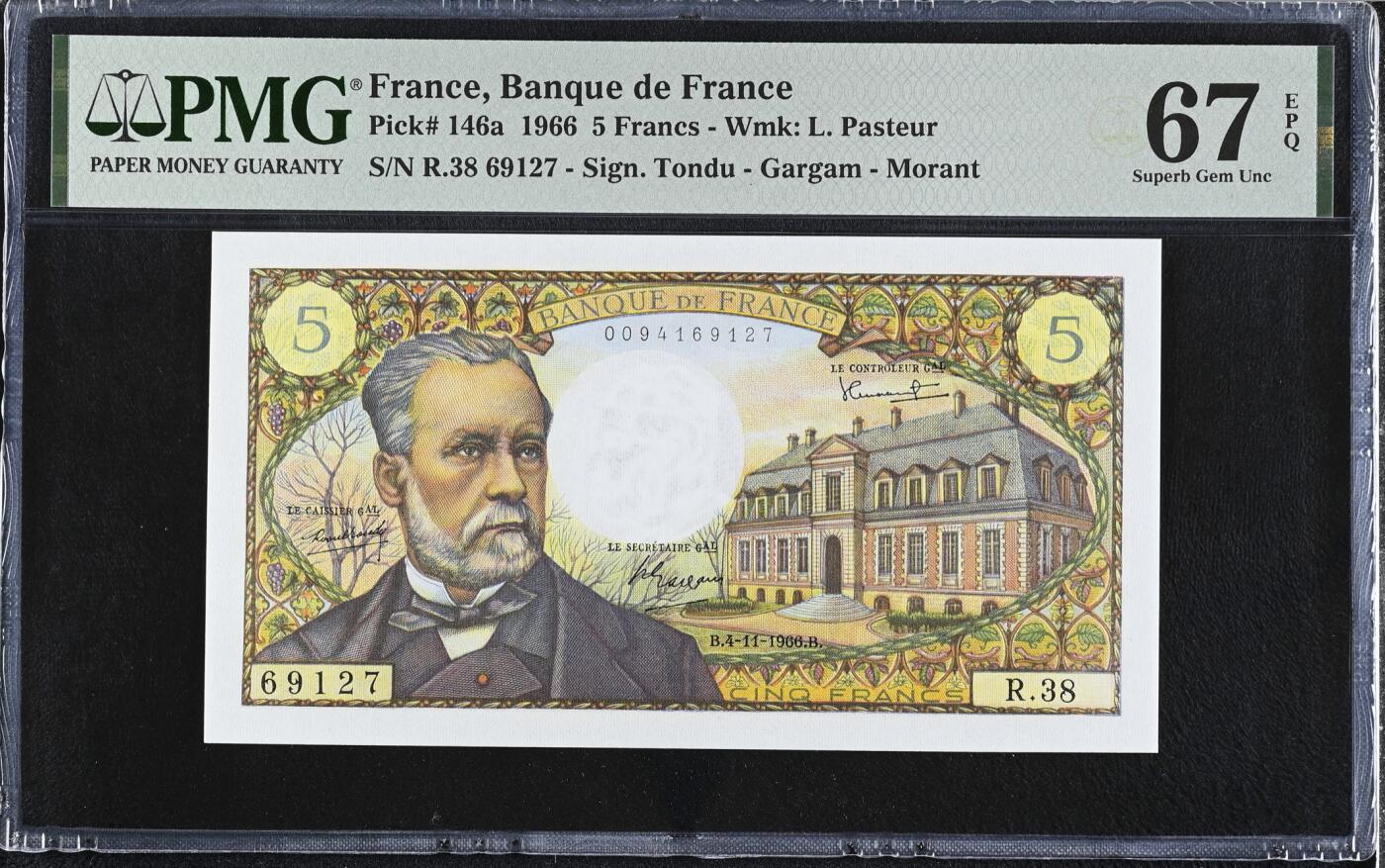 《艾美收藏》第219期-11.9周日外币畅拍场 法国5法郎 PMG67E 1966年 法国近代微生物学奠基人路易斯·巴斯德