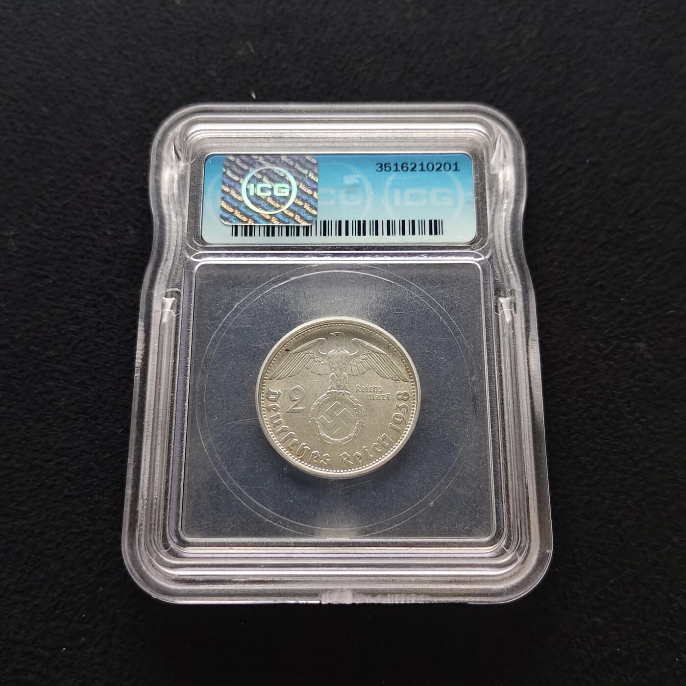 【全场包邮】纯粹捡漏拍477场（免费代拍第14场）调整中 德国第三帝国1938年D厂2马克银币-ICG MS61