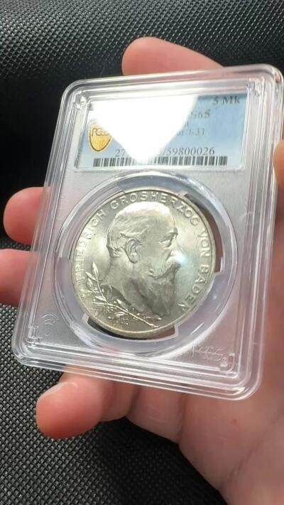 甄臻铺-世界币章拍卖（第38期）立冬小精品场，送拍享返佣金等优惠多多 PCGS-MS65 德国巴登1902年弗里德里希大公登基50周年5马克大银币 顶级高分 丝滑转光 状态很好 