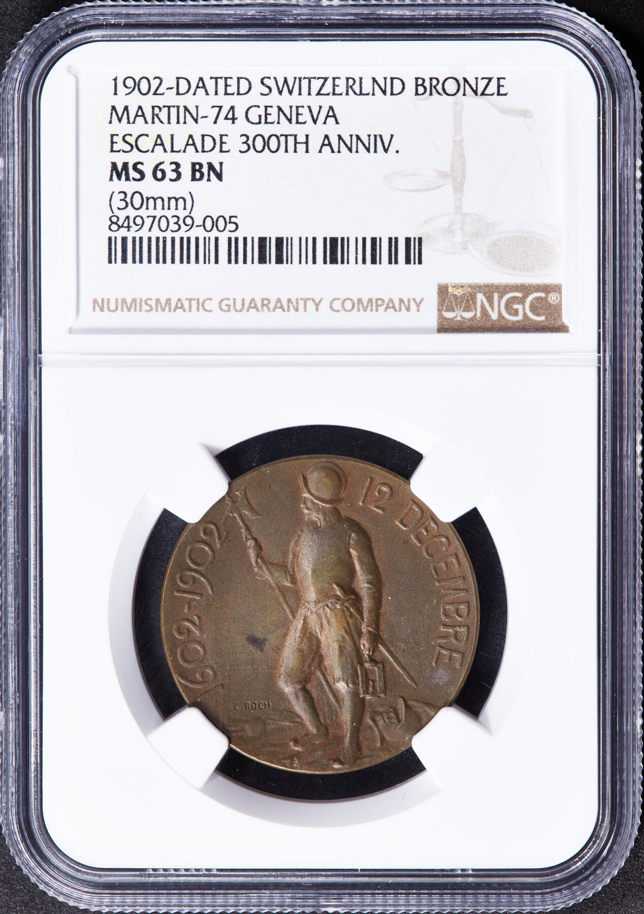 【俄甄集藏】2025年(044)11-12星期三晚 19:30 全场包邮 瑞士日内瓦1902年纪念1602年成功抵御萨伏依公爵入侵暨登城节300周年纪念铜章，NGC MS63BN，少见品种