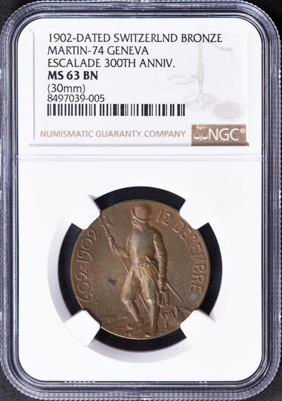 【俄甄集藏】2025年(044)11-12星期三晚 19:30 全场包邮 - 瑞士日内瓦1902年纪念1602年成功抵御萨伏依公爵入侵暨登城节300周年纪念铜章，NGC MS63BN，少见品种