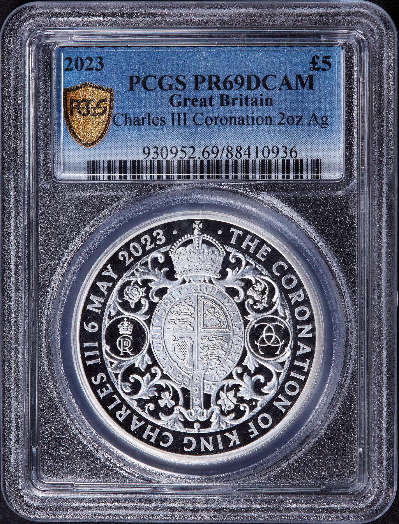 【俄甄集藏】2025年(044)11-12星期三晚 19:30 全场包邮 英国2023年纪念查尔斯三世加冕国王5镑加厚2盎司精制大银币，PCGS PR69DC，重62.86克，999银，发行量1006枚，热门品种，设计精美