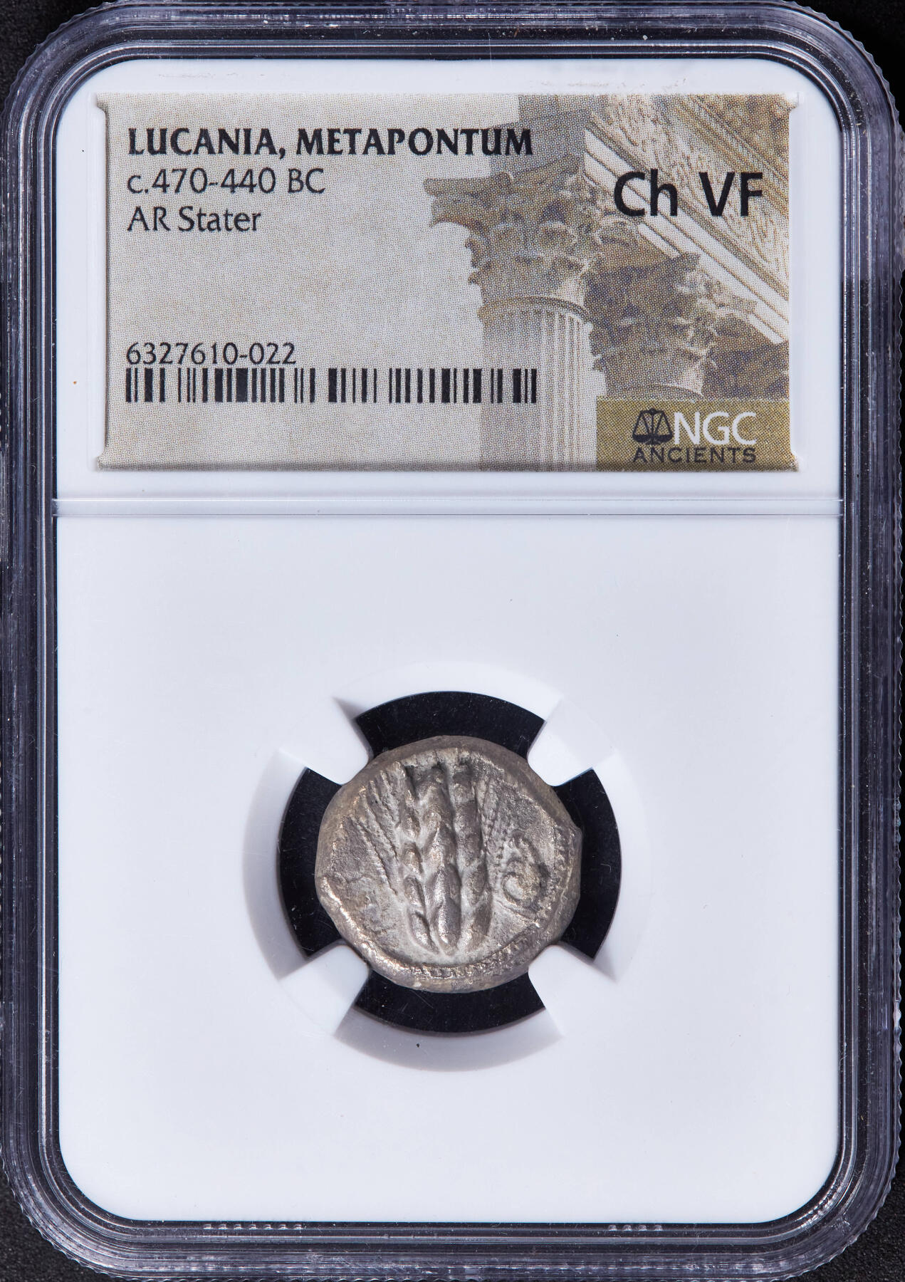 【俄甄集藏】2025年(044)11-12星期三晚 19:30 全场包邮 古希腊卢卡尼亚梅塔蓬城公元前470-前440年1斯塔特大麦公羊首穗银币，NGC ChVF，正面一株大麦穗，左侧币文为地名梅塔蓬城，右侧羊首，背面内凹大麦穗图案，打制周正，经典品种