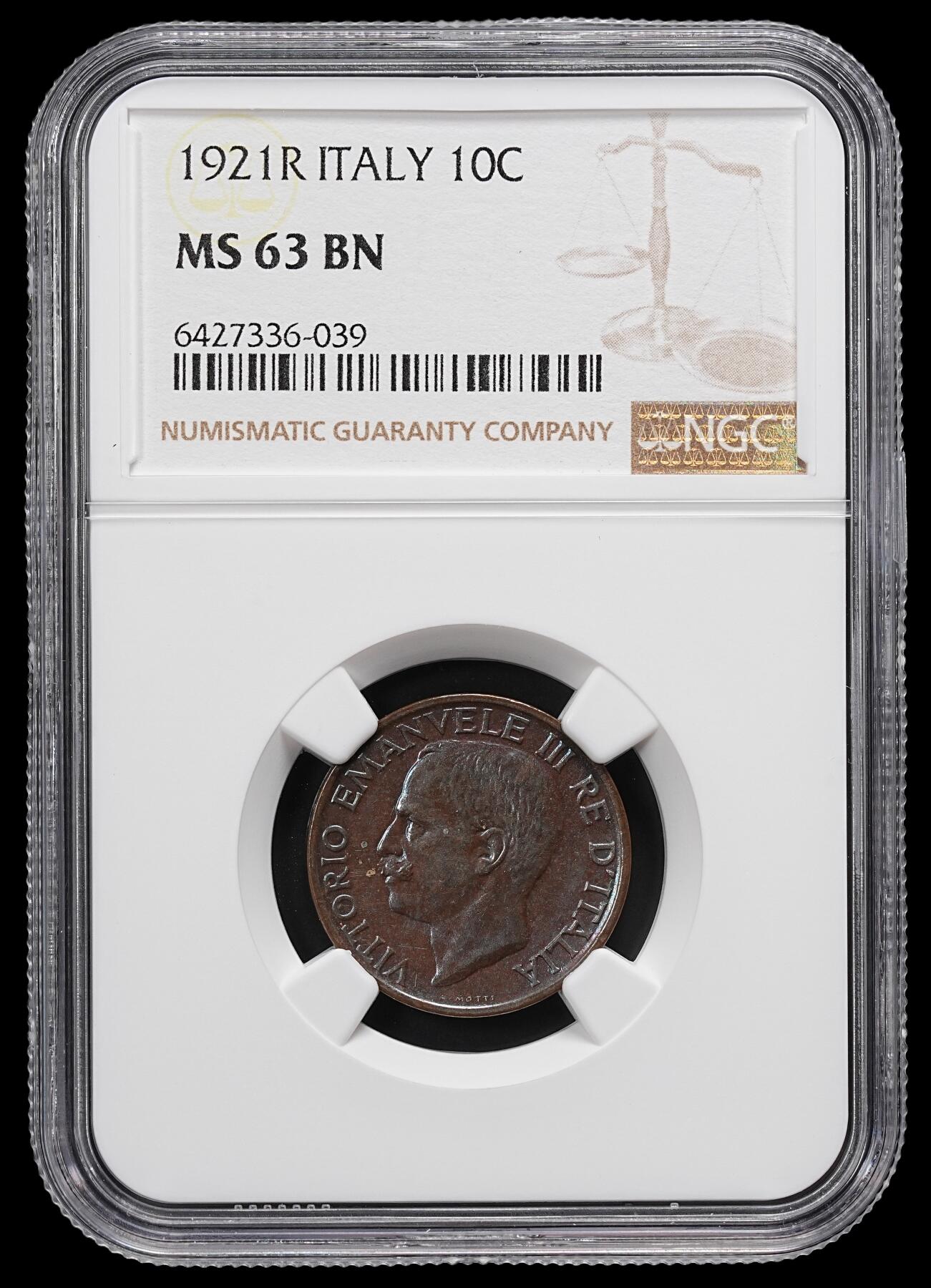 修遠堂世界钱币第九十二期 NGC MS63BN 1921年意大利10分