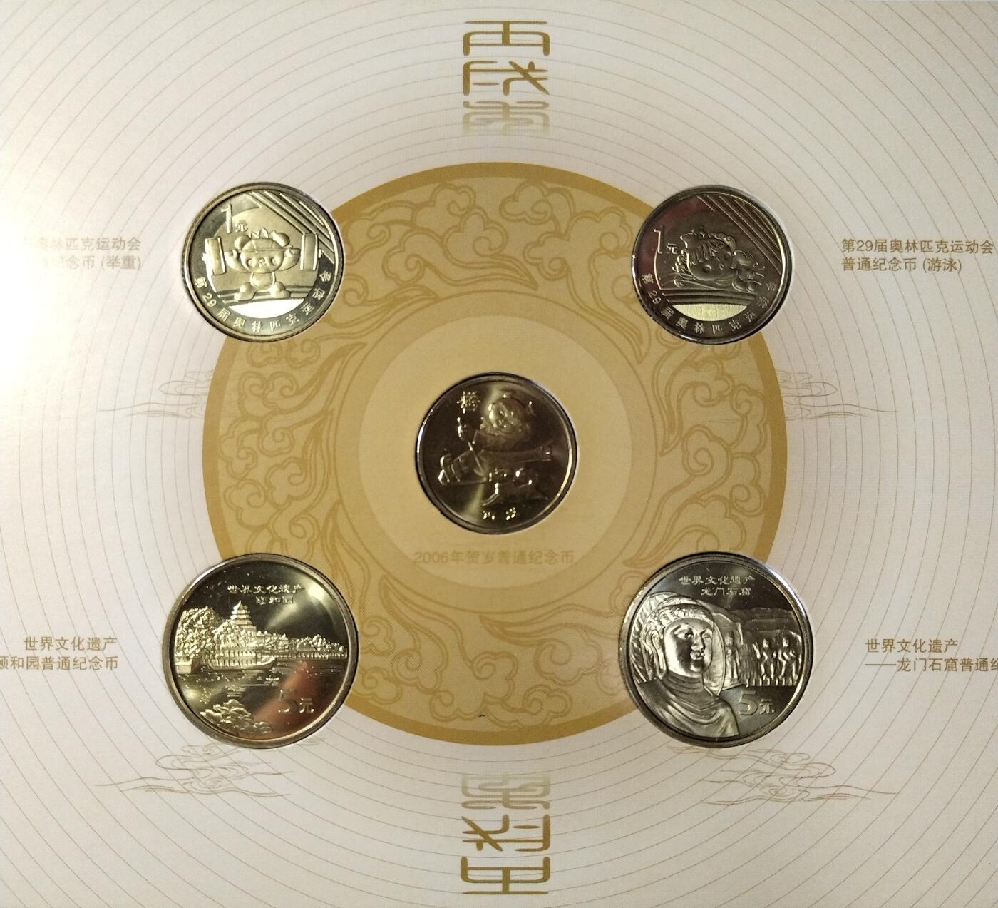 2006年康银阁装帧纪念币年册，全套5枚，含奥运举重1元、奥运游泳1元、生肖狗1元、颐和园5元、龙门石窟5元，配官方证书，按图发货！