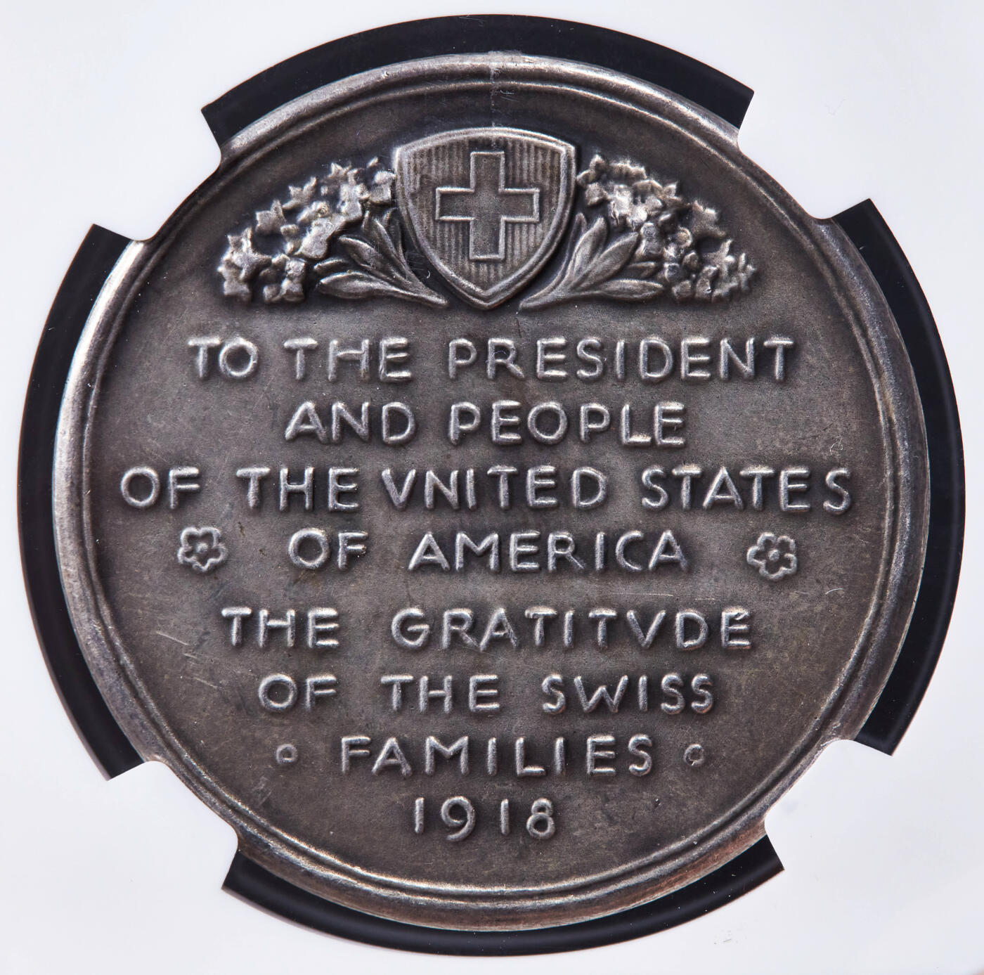 【俄甄集藏】2025年(044)11-12星期三晚 19:30 全场包邮 瑞士1918年感谢美国参战一战协约国胜利银章，NGC MS63，保存完好，原味老包浆，舔狗系列