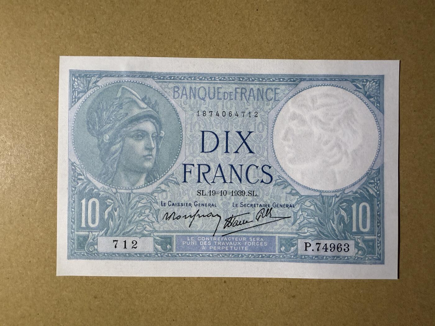 《艾美收藏》第219期-11.9周日外币畅拍场 法国10法郎 UNC 1939年 罗马神话中的智慧女神弥涅耳瓦