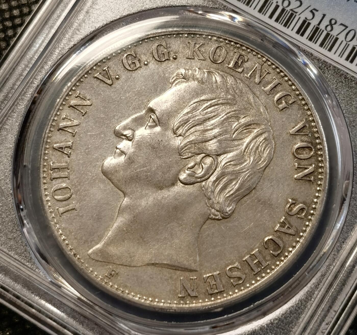 甄臻铺-世界币章拍卖（第38期）立冬小精品场，送拍享返佣金等优惠多多 PCGS-MS62 1858年德国萨克森盾徽流通2泰勒 全深打欧洲灰彩 镜面感和喷砂感都非常强烈