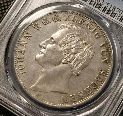 甄臻铺-世界币章拍卖（第38期）立冬小精品场，送拍享返佣金等优惠多多 PCGS-MS62 1858年德国萨克森盾徽流通2泰勒 罕见单年错版流通2T 