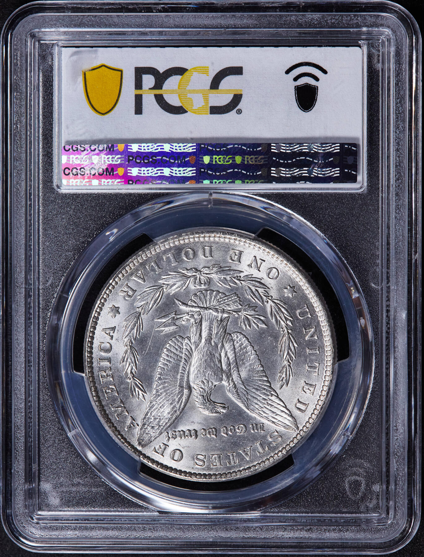 【俄甄集藏】2025年(044)11-12星期三晚 19:30 全场包邮 美国1887年摩根1美元大银币，PCGS MS64，车轮转光