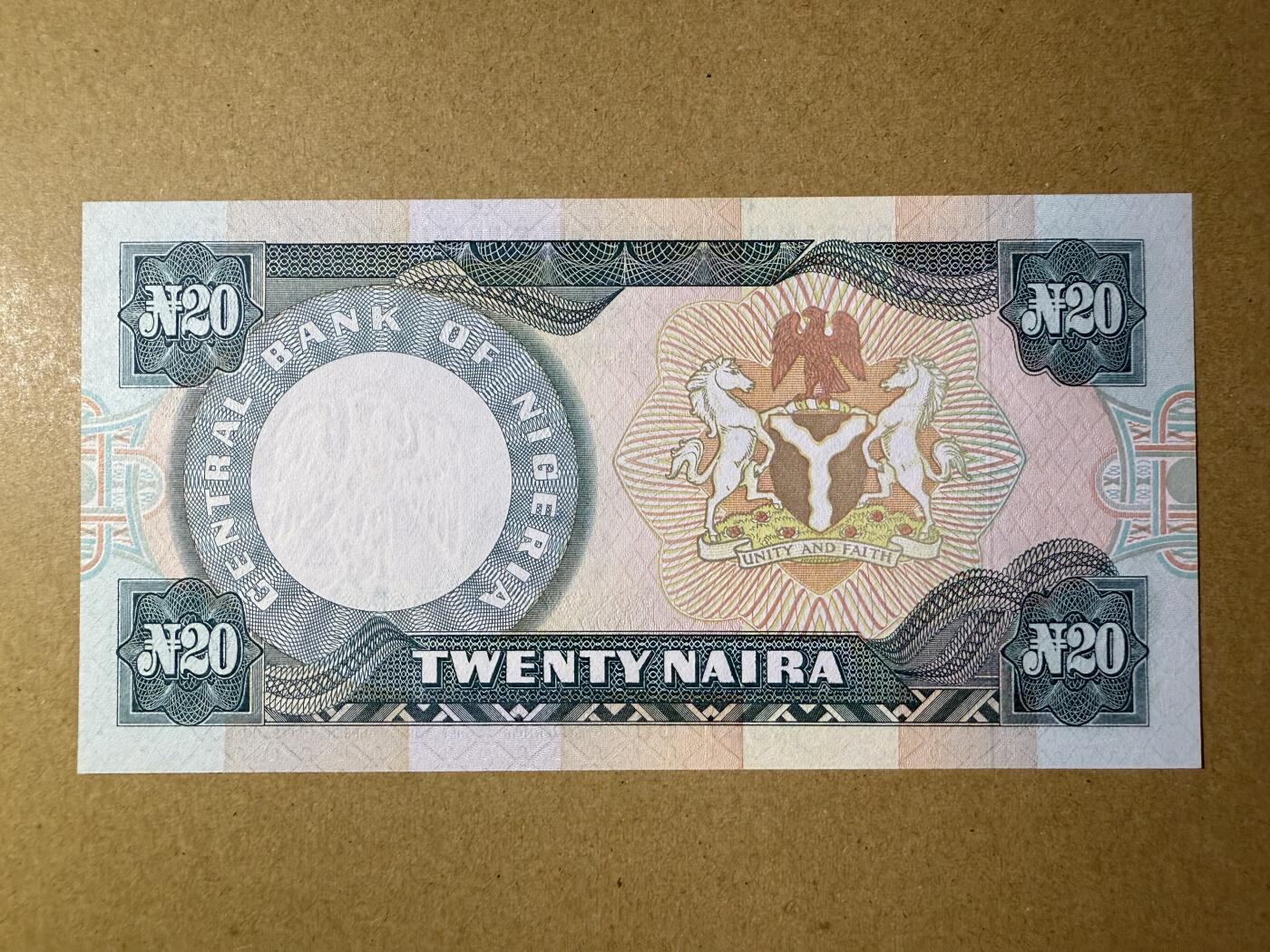 《艾美收藏》第219期-11.9周日外币畅拍场 尼日利亚20元 UNC 1984年 局部荧光 无4