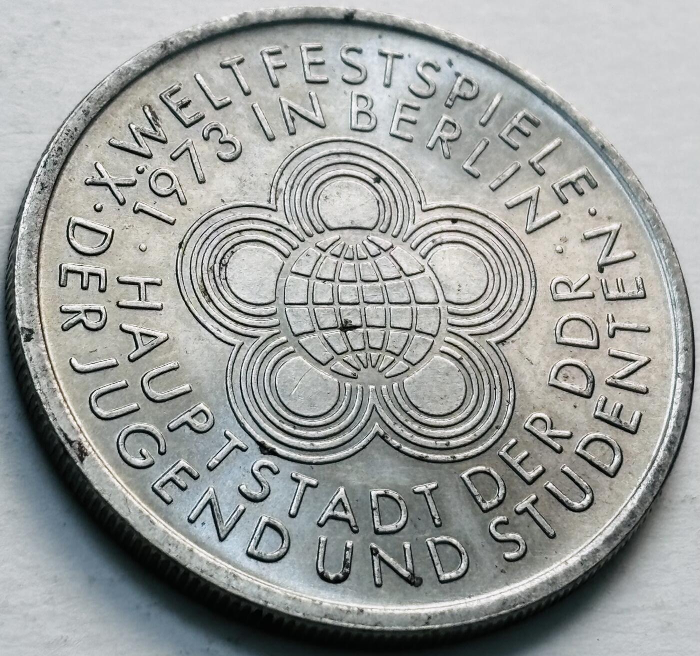 文馨钱币收藏第 279 场，银币，纪念铜章场 长期接收代拍品 原光好品 1973年 东德10马克纪念币 第十届世界青年与学生联欢节