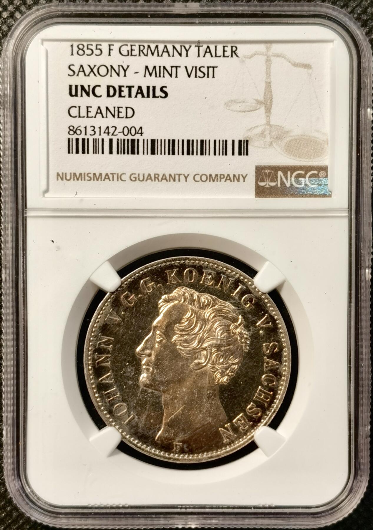 甄臻铺-世界币章拍卖（第38期）立冬小精品场，送拍享返佣金等优惠多多 NGC-UNCD 1855年德国萨克森约翰国王访问造币厂纪念泰勒 少见品种 pl质感 金彩包浆