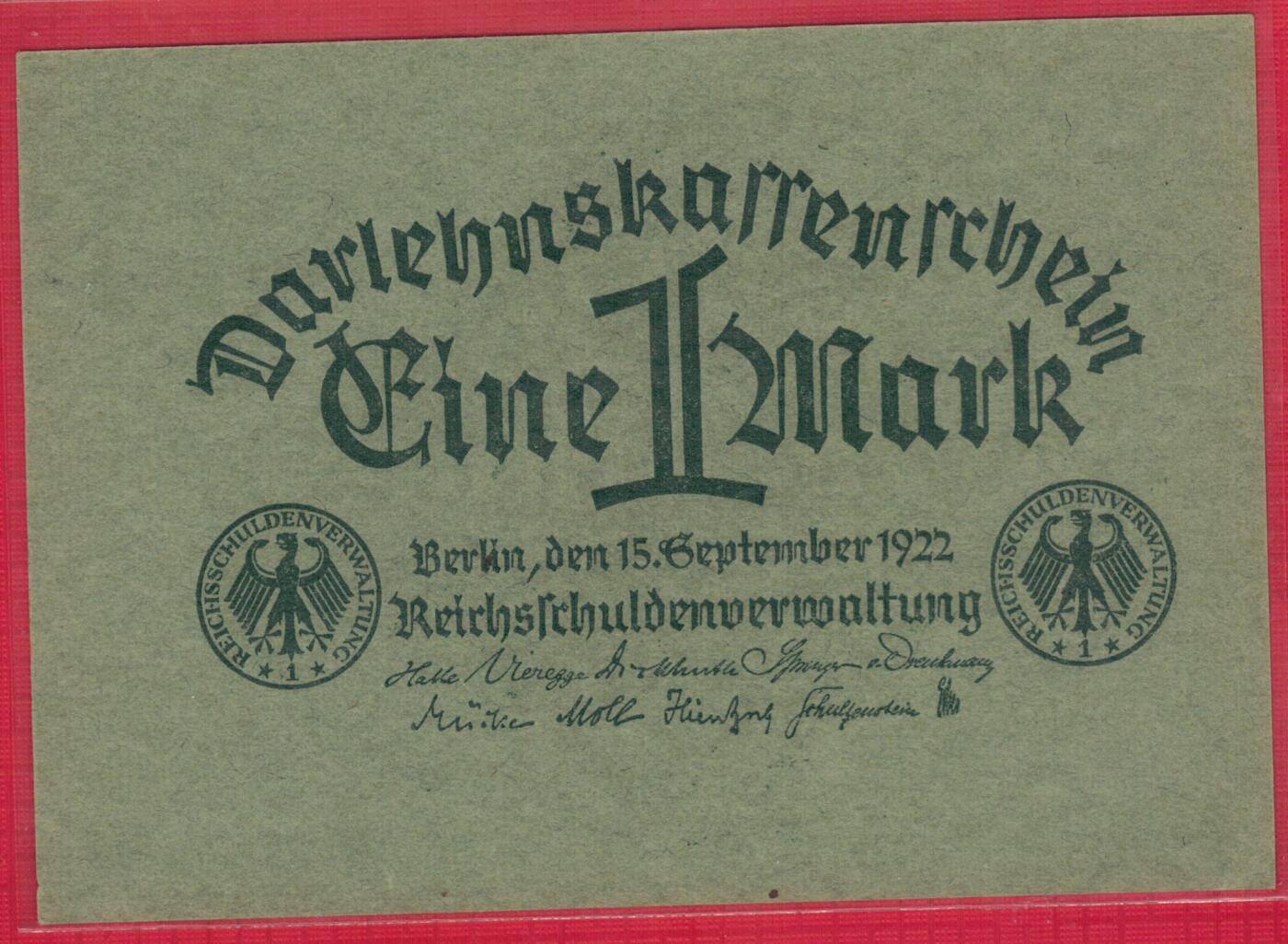 德国1922年1马克 P-61a 浅绿色纸版 实物图 UNC