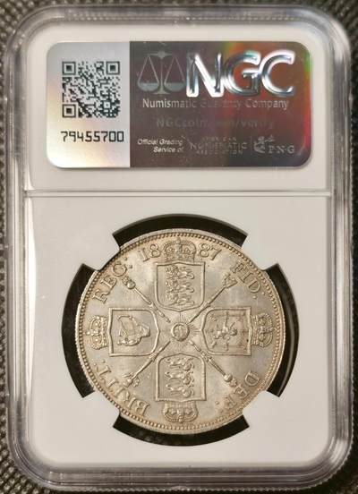 甄臻铺-世界币章拍卖（第38期）立冬小精品场，送拍享返佣金等优惠多多 NGC-MS61 1887年英国高冠双弗洛林，罗马字体版，虽然记载中罗马数字版与阿拉伯数字版铸造数量几乎一致，但是平时罗马数字版很少见