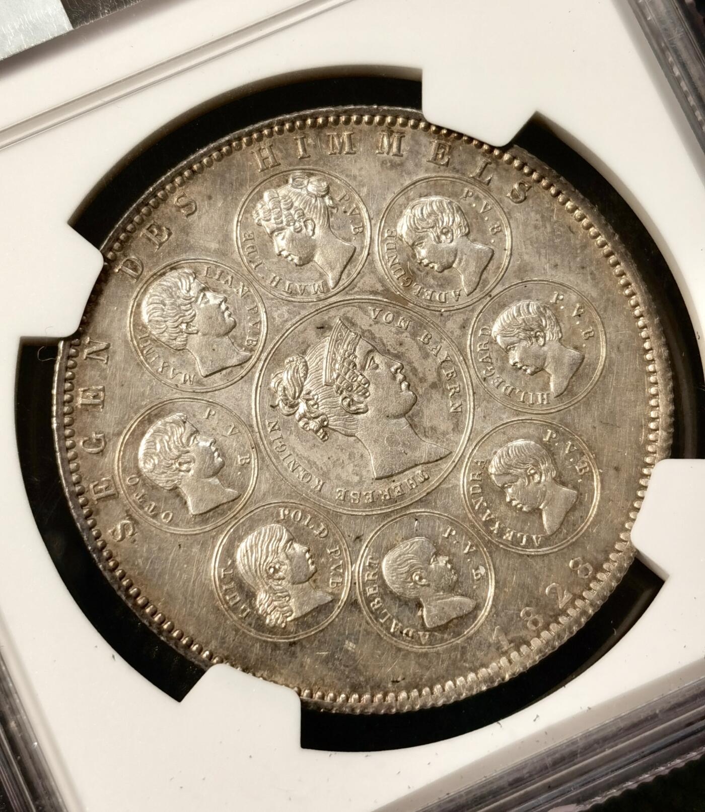 甄臻铺-世界币章拍卖（第38期）立冬小精品场，送拍享返佣金等优惠多多 NGC-MS61分1828年德国巴伐利亚路德维希一世皇家全家福历史泰勒大银币 粉彩包浆 外拍价格已经起飞