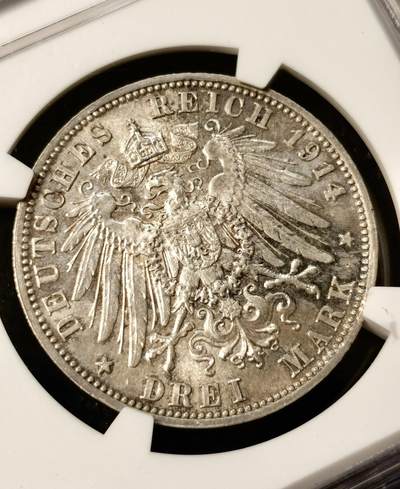 甄臻铺-世界币章拍卖（第38期）立冬小精品场，送拍享返佣金等优惠多多 NGC-MS63 1914年德国巴伐利亚路德维希3马克银币 纸袋包浆