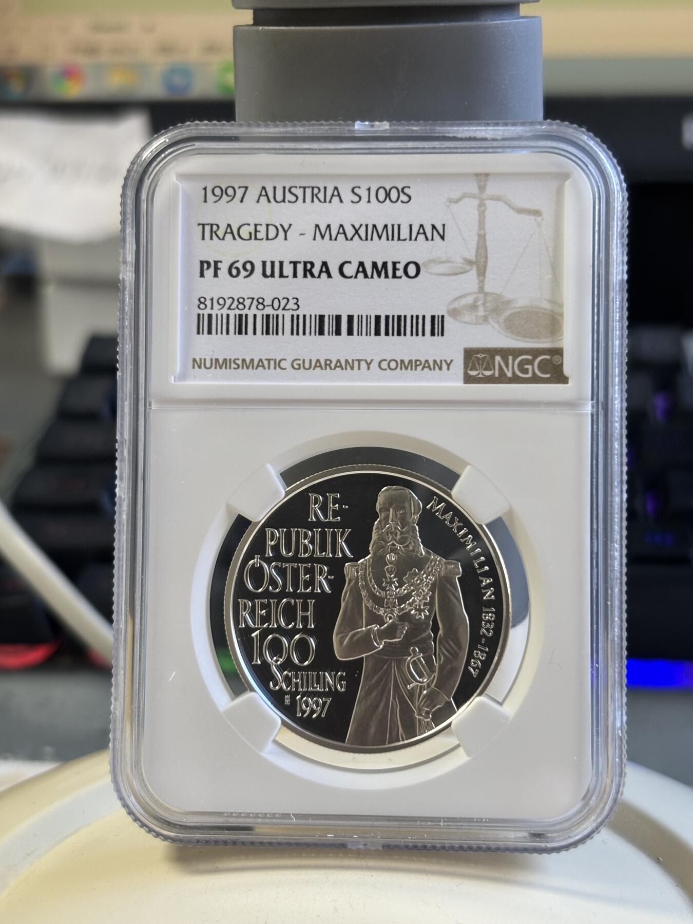 第181期拍卖 获奖币 奥地利1997年 马克西米连一世皇帝精制纪念银币 NGC -PF69无盒无证书，20克，900银， 1999年克劳斯最佳银币