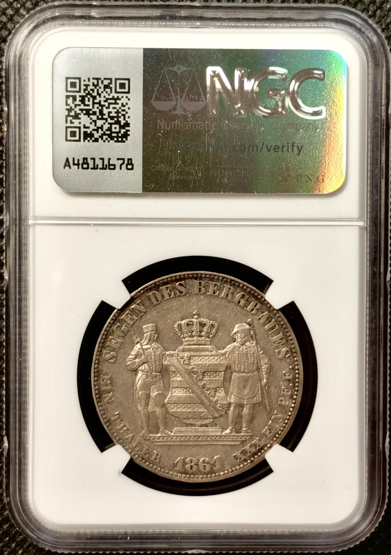 甄臻铺-世界币章拍卖（第38期）立冬小精品场，送拍享返佣金等优惠多多 NGC-AU55 1861年德国萨克森矿业泰勒银币淡淡包浆细节很好
