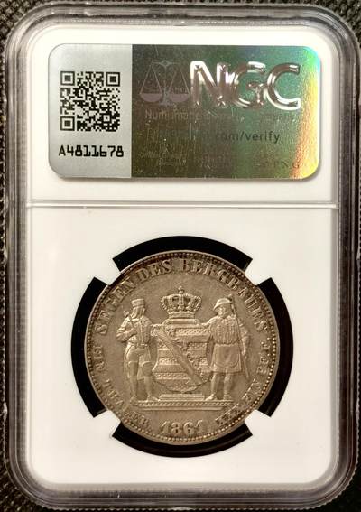 甄臻铺-世界币章拍卖（第38期）立冬小精品场，送拍享返佣金等优惠多多 NGC-AU55 1861年德国萨克森矿业泰勒银币 淡彩包浆 细节很好 几乎没有磨损