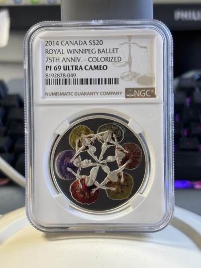 第181期拍卖 -  加拿大2014年温拿芭蕾舞团75周年20元精制彩色银币 NGC -PF69带原盒及证书,9999银，31.6克