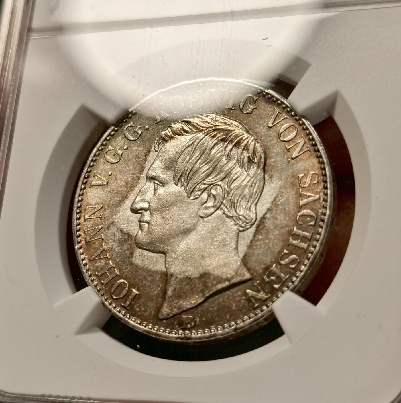 甄臻铺-世界币章拍卖（第38期）立冬小精品场，送拍享返佣金等优惠多多 NGC-UNCD 德国1866年萨克森矿业流通1泰勒 矿工人物刻画细致完整，包浆好玩