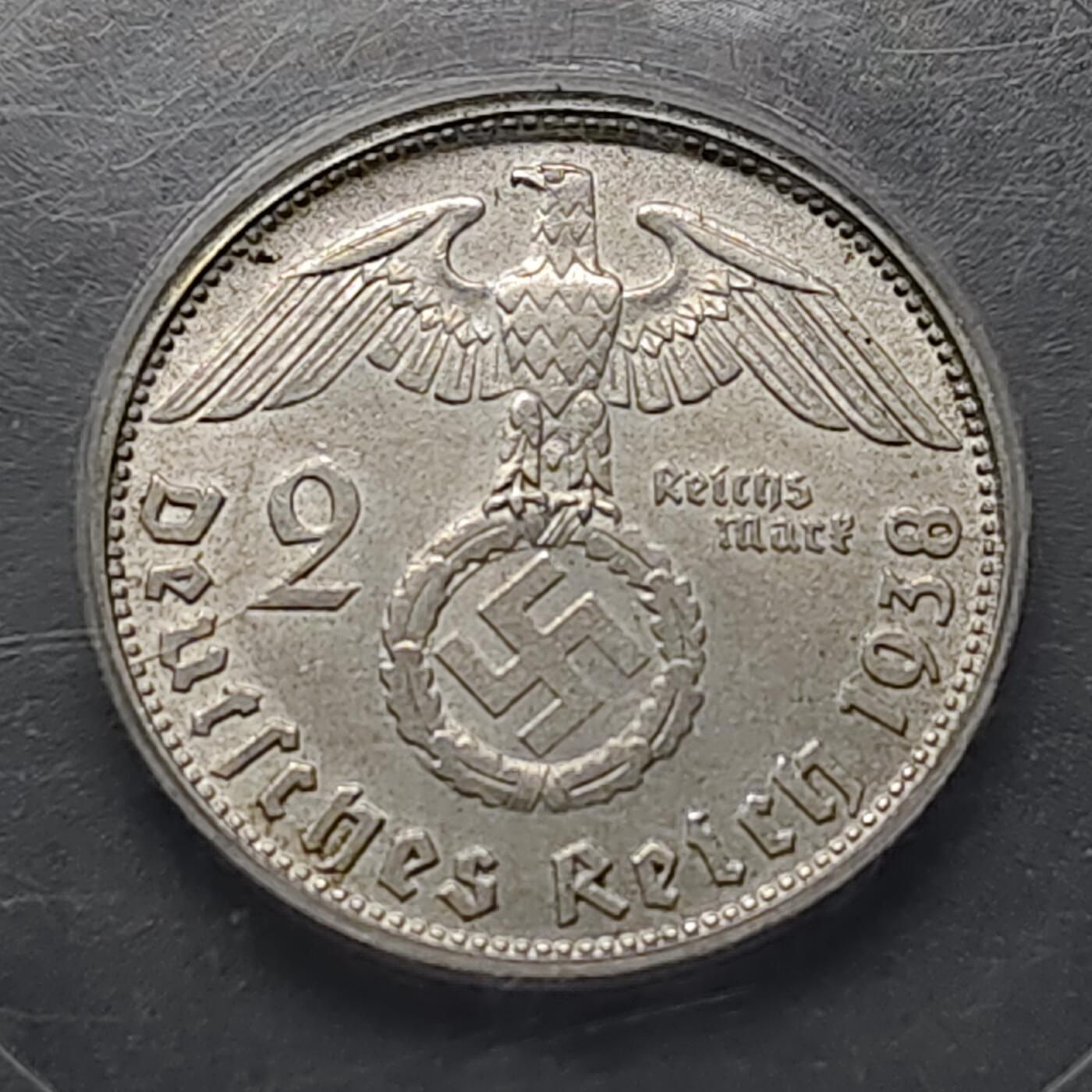【全场包邮】纯粹捡漏拍477场（免费代拍第14场）调整中 德国第三帝国1938年D厂2马克银币-ICG MS61