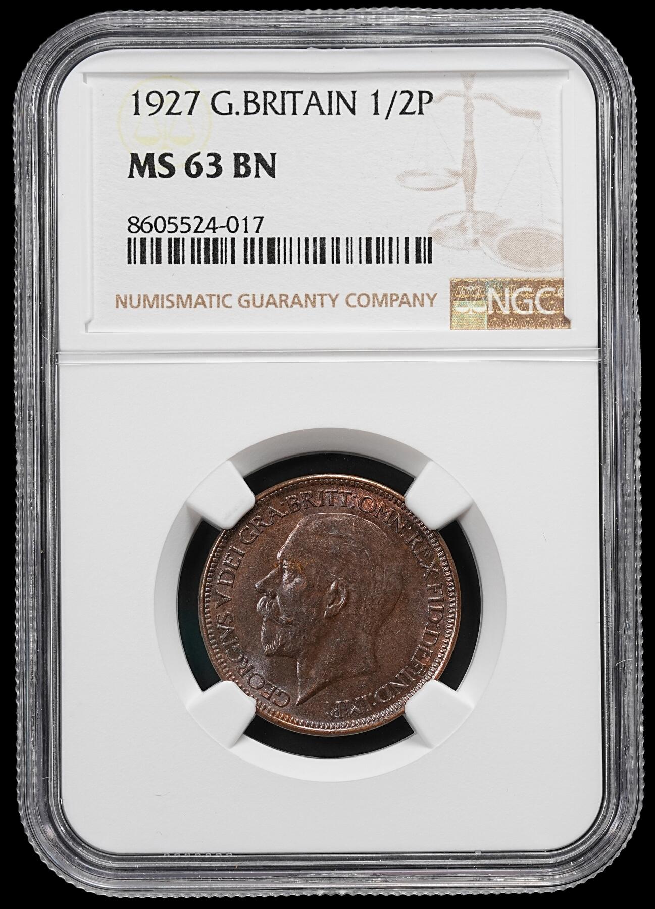 修遠堂世界钱币第九十二期 NGC MS63BN 1927年英国1/2便士