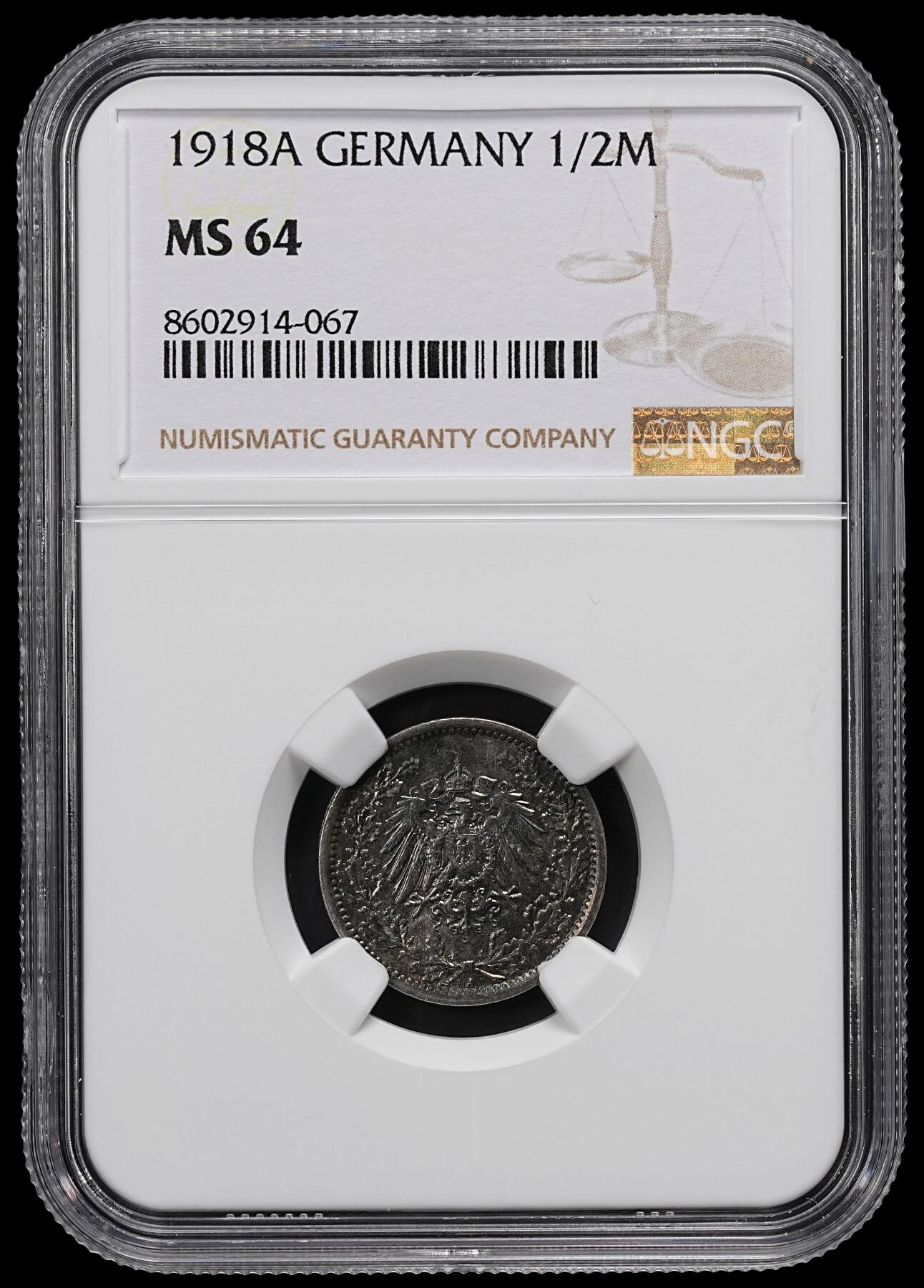 修遠堂世界钱币第九十二期 NGC MS64 1918年德国1/2马克银币 A厂铭