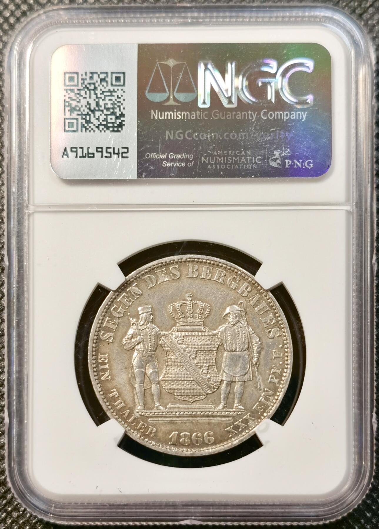 甄臻铺-世界币章拍卖（第38期）立冬小精品场，送拍享返佣金等优惠多多 NGC-UNCD 德国1866年萨克森矿业流通1泰勒 矿工人物刻画细致完整，包浆好玩